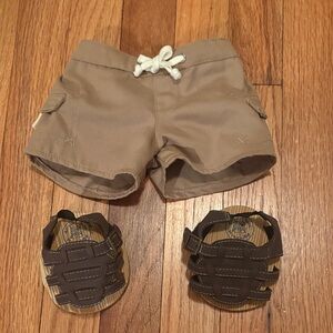 Build-A-Bear Tan Shorts and Brown Sandals Set